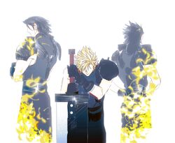  3boys angeal_hewley armor black_gloves black_hair blonde_hair blue_shirt buster_sword cloud_strife crisis_core_final_fantasy_vii crossed_arms facing_away final_fantasy final_fantasy_vii flower gloves grey_shirt hair_between_eyes hair_slicked_back hands_on_own_hips highres holding holding_sword holding_weapon leaning_forward lily_(flower) male_focus medium_hair moyanwxy multiple_boys shirt short_hair shoulder_armor sideburns single_bare_shoulder single_shoulder_pad sleeveless sleeveless_turtleneck spiky_hair suspenders sword turtleneck upper_body weapon white_background yellow_flower zack_fair 