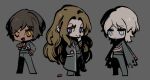  3girls black_coat black_jacket blue_eyes brown_eyes brown_hair chibi closed_mouth coat eyeshadow faust_(project_moon) full_body grey_background hand_up index_finger_raised jacket limbus_company long_hair looking_at_viewer makeup multiple_girls official_art one_eye_closed open_mouth outis_(project_moon) parted_bangs pink_eyeshadow poker_chip project_moon rodion_(project_moon) short_hair smile very_long_hair white_hair 