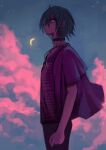  1boy 2n5 absurdres aqua_hair choker clouds crescent_moon highres jewelry male_focus moon necklace original shirt solo striped_clothes striped_shirt yellow_eyes 