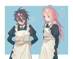  ... 2boys alternate_costume apron black_dress blue_background border brown_eyes brown_hair closed_eyes closed_mouth collared_dress crossdressing dress enmaided flying_sweatdrops frown hatsutori_hajime isoi_reiji long_hair long_sleeves maid maid_apron male_focus male_maid multiple_boys outline parted_bangs pink_hair puffy_sleeves rumian75475 saibou_shinkyoku short_hair simple_background smile spoken_ellipsis white_apron white_border white_outline 