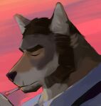  1boy animal_ears chinese_commentary cigarette closed_eyes commentary_request coyote_boy dusk echo_project furry furry_male highres liaets male_focus orange_sky profile shirt sky smoking the_smoke_room upper_body white_shirt william_adler_(the_smoke_room) wolf_ears 