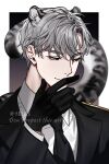  1blgs 1boy black_coat black_eyes black_gloves black_necktie black_suit border closed_mouth coat collared_shirt gloves grey_hair hand_on_own_chin highres ilay_riegrow long_sleeves male_focus necktie passion_(manhwa) shirt smile snow_leopard_ears snow_leopard_tail solo suit twitter_username white_border white_shirt 
