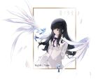  1girl arms_behind_back bird black_hair blue_eyes bow bowtie breasts catolin character_name feathers kara_no_shoujo kuchiki_touko long_hair long_sleeves medium_breasts picture_frame purple_bow purple_bowtie ribbon shirt solo upper_body white_background white_shirt wings 