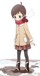  1girl absurdres ahoge black_pantyhose blush boots breasts breath brown_footwear brown_hair brown_jacket buchi_(y0u0ri_) full_body green_eyes highres ice idolmaster idolmaster_million_live! idolmaster_million_live!_theater_days jacket kinoshita_hinata long_sleeves looking_at_another looking_down pantyhose red_scarf red_skirt scarf short_hair skirt small_breasts solo standing white_background winter 
