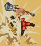  1girl absurdres boots fangs flcl gloves green_eyes guitar haruhara_haruko highres instrument machitoons messy messy_hair motor_vehicle pink_hair red_gloves scene_reference scooter solo vespa white_footwear yellow_background 