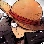  1boy black_coat black_hair close-up closed_mouth coat collared_shirt hat highres looking_at_viewer m_(user_gjgn8588) male_focus monkey_d._luffy official_alternate_costume one_eye_covered one_piece one_piece:_strong_world outdoors portrait red_shirt scar scar_on_cheek scar_on_face serious shirt short_hair snow solo straw_hat upper_body 