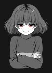  1other bob_cut chara_(undertale) closed_mouth commentary_request cropped_torso crossed_arms fj_0102 greyscale hair_behind_ear highres monochrome red_eyes short_hair smile solo spot_color straight-on striped_clothes striped_sweater sweater turtleneck turtleneck_sweater two-tone_sweater undertale 