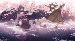  2girls bare_legs blunt_bangs braid cherry_blossoms closed_mouth falling_petals genshin_impact hair_ornament hand_on_own_stomach highres japanese_clothes lap_pillow long_hair looking_down lying makoto_(genshin_impact) multiple_girls night night_sky non-web_source on_back on_ground petals purple_hair raiden_shogun reflection seiza siblings single_braid sisters sitting sky socks source_request star_(sky) sumery tree tree_shade violet_eyes white_socks 