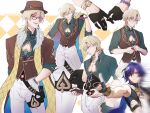  2boys aqua_shirt aventurine_(honkai:_star_rail) black_gloves black_hat blonde_hair blue_hair bracelet clothing_cutout collared_shirt dr._ratio_(honkai:_star_rail) earrings fingerless_gloves fur_trim gloves hair_between_eyes hand_in_pocket highres honkai:_star_rail honkai_(series) jewelry male_focus multiple_boys multiple_views pants pectoral_cleavage pectorals ring shirt short_hair simple_background solo_focus tinted_eyewear watch watch white_pants yaepyep 