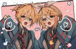  1boy 1girl belt_buckle black_shirt blue_eyes blue_jacket blush bow brother_and_sister buckle collared_shirt grid_background hair_between_eyes hair_bow hand_up heart highres hpen0909 jacket kagamine_len kagamine_rin long_sleeves looking_at_viewer medium_hair necktie open_clothes open_jacket open_mouth outline pink_background ponytail rainbow_sticker red_necktie shirt short_hair short_ponytail siblings sleeves_past_fingers sleeves_past_wrists star_sticker teeth upper_body upper_teeth_only vocaloid white_bow white_headphones white_outline 