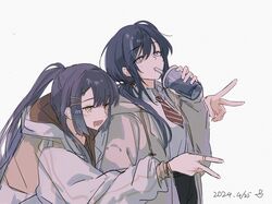  2girls black_hair blush brown_shirt chuanzhoujikou cowboy_shot dated double_v drink drinking drinking_straw grey_eyes grey_jacket hair_between_eyes hair_ornament hairpin highres holding holding_drink hood hood_down hooded_jacket jacket leaning_forward long_bangs long_hair long_sleeves low-tied_long_hair multiple_girls necktie nijisanji open_clothes open_jacket open_mouth ponto_nei ponytail purple_hair red_necktie shirt sidelocks sideways_glance simple_background smile striped_necktie umise_yotsuha v white_background yellow_eyes 