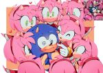  1boy 6+girls @_@ ^_^ amy_rose animal_nose blue_fur blush border cheek_poking closed_eyes closed_mouth commentary dress furry furry_female furry_male gloves green_eyes heart hedgehog_ears historiaallen meme multiple_girls orange_background photo_inset pink_fur poking red_dress reference_sheet smile sonic_(series) sonic_the_hedgehog surrounded symbol-only_commentary twitter_username white_border white_gloves 
