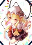  1girl absurdres ascot blonde_hair crystal_wings dress flandre_scarlet frilled_dress frills from_above full_body hand_up hat hat_ribbon highres mister_eru puffy_short_sleeves puffy_sleeves red_dress red_eyes red_ribbon ribbon short_sleeves side_ponytail smile solo touhou white_mob_cap yellow_ascot 