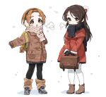  2girls bag black_gloves black_leggings black_scarf blush breath brown_coat brown_eyes brown_footwear brown_hair closed_mouth coat cold commentary_request duffel_coat earmuffs gloves hair_ornament hairclip highres holding holding_bag idolmaster idolmaster_cinderella_girls knit_scarf knit_socks leggings long_hair long_sleeves multiple_girls open_mouth orange_hair orange_sweater outstretched_arms parted_bangs pocket rabbit_ornament red_coat red_ribbon ribbon ryuzaki_kaoru scarf shoes simple_background sleeves_past_wrists sneakers snowing spawnfoxy spread_arms strawberry_ornament sweater tachibana_arisu tareme white_background white_leggings white_scarf winter_clothes winter_coat yellow_eyes 