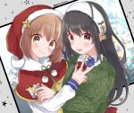  2girls black_hair blush box brown_eyes brown_hair capelet christmas christmas_ornaments commission gift gift_box green_sweater hairband hat hatsushimo_(kancolle) holding holding_gift kantai_collection kobayashi_kabura long_hair long_sleeves looking_at_viewer multiple_girls parted_lips pom_pom_(clothes) red_capelet santa_hat short_hair skeb_commission star_(symbol) sweater twitter_username upper_body yukikaze_(kancolle) 