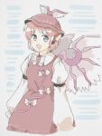  1girl animal_ears bird_ears bird_wings brown_dress brown_hat collared_shirt dress frilled_sleeves frills grey_eyes grimay hat looking_at_viewer mystia_lorelei open_mouth pink_hair shirt short_hair sleeve_garter sleeves_past_fingers sleeves_past_wrists smile solo touhou white_shirt white_wings winged_hat wings 