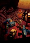  1boy alarm_clock car child clock commentary_request glowing highres lamp lego machinarium male_focus motor_vehicle night original pillow realistic sadajiro sleeping solo table toy toy_airplane toy_robot 