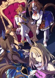  4girls admire_vega_(umamusume) ahoge blonde_hair breasts brown_hair chair closed_mouth commentary_request glowing glowing_eyes headband highres horse_girl large_breasts long_hair looking_at_viewer medium_breasts medium_hair meisho_doto_(umamusume) multiple_girls narita_top_road_(umamusume) pantyhose ponytail sitting smile starheart t.m._opera_o_(umamusume) thigh-highs umamusume umamusume:_road_to_the_top uniform 
