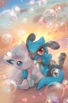 absurdres alolan_vulpix arm_around_shoulder beach black_fur blue_eyes blush bubble clouds fang highres looking_at_viewer no_humans nullma one_eye_closed open_mouth outdoors pawpads pokemon pokemon_(creature) red_eyes riolu signature sitting smile sunset two-tone_fur water white_fur 