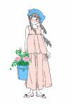  1girl arms_at_sides artist_name blue_hat blunt_bangs blush bucket closed_mouth colored_skin dress flat_color flower full_body grey_hair hat highres holding holding_bucket long_dress long_hair looking_to_the_side original pink_dress pink_flower pink_footwear plant potted_plant ryuular shoes sidelocks sideways_glance simple_background sleeveless sleeveless_dress smile solo standing watermark white_background white_skin 