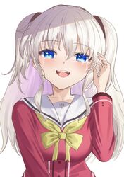  1girl :d akane_(tgixb) blue_eyes blush bow charlotte_(anime) commentary crying crying_with_eyes_open eyelashes eyes_visible_through_hair grey_hair hair_between_eyes happy happy_tears hoshinoumi_academy_school_uniform long_hair looking_at_viewer open_mouth red_shirt sailor_collar school_uniform serafuku shirt sidelocks simple_background smile solo straight-on streaming_tears tears teeth tomori_nao tsurime two_side_up upper_body upper_teeth_only white_background white_sailor_collar yellow_bow 