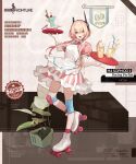  1girl :d animal_print apron banner black_background blonde_hair brown_background cat_print character_name commentary copyright_name cup dress drinking_glass drinking_straw english_commentary food full_body girls_frontline hair_between_eyes headgear highres holding holding_tray ice ice_cream ice_cream_float ice_cube knee_pads looking_at_viewer m4_sopmod_ii_(girls&#039;_frontline) multicolored_background multicolored_hair necktie official_alternate_costume official_art open_mouth pink_dress pink_necktie plant potted_plant print_apron promotional_art puffy_short_sleeves puffy_sleeves red_eyes red_socks redhead roller_skates second-party_source short_sleeves simple_background skates smile socks solo spoon streaked_hair sundae tray umo_(mica_team) wafer_stick waitress white_apron white_background white_footwear 