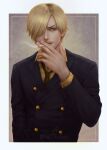  1boy artcami blonde_hair brown_necktie cigarette commentary curly_eyebrows english_commentary facial_hair formal hair_over_one_eye highres holding holding_cigarette male_focus necktie one_eye_covered one_piece open_mouth sanji_(one_piece) short_hair smoke solo suit teeth 
