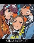  3girls :&lt; awa_subaru black_bow black_bowtie black_hair blue_eyes blue_shirt blush bow bowtie brown_hair collared_shirt commentary copyright_name ebizuka_tomo flying_sweatdrops girls_band_cry grin hashtag-only_commentary heart highres iseri_nina jacket letterboxed m_no_harawata medium_hair multiple_girls one_eye_closed orange_jacket pink_eyes redhead shirt short_twintails smile tongue tongue_out translation_request twintails 