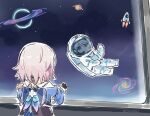  2girls astronaut blue_eyes blue_jacket chibi commentary furina_(genshin_impact) genshin_impact helmet honkai:_star_rail honkai_(series) jacket march_7th_(honkai:_star_rail) mihoyo multiple_girls pink_hair rocket short_hair space space_helmet symbol-only_commentary upper_body xinzoruo 