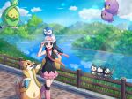  1girl :d bag beanie bird black_hair black_shirt blue_eyes boots budew buizel clouds commentary_request day drifloon duffel_bag ebi-chan_(tvyd2583) fence floatzel grass hat highres hikari_(pokemon) long_hair on_head open_mouth outdoors over-kneehighs pink_footwear pink_skirt piplup pokemon pokemon_(creature) pokemon_dppt pokemon_on_head reflection shirt skirt sky sleeveless sleeveless_shirt smile standing starly thigh-highs walking water white_hat yellow_bag 
