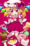  1girl blonde_hair blush bow cake cake_slice candy cherry chocolate chocolate_bar crystal doughnut flandre_scarlet food frilled_skirt frills fruit hat hat_bow highres lollipop long_hair looking_at_viewer maa_(forsythia1729) mary_janes mob_cap pudding red_background red_eyes shoes short_sleeves side_ponytail skirt skirt_set smile socks solo strawberry strawberry_shortcake swirl_lollipop tart_(food) tongue tongue_out touhou wings wrist_cuffs 