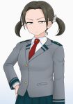  1girl arm_at_side boku_no_hero_academia brown_eyes brown_hair grey_jacket hand_on_own_hip jacket light_frown necktie oliver11020 red_necktie school_uniform short_hair short_twintails simple_background skirt solo togeike_chikuchi twintails u.a._school_uniform uniform white_background 