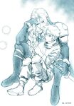  2boys armor ax0057 between_legs blue_theme boots bracer braid braiding_hair cloud_strife coat commentary crisis_core_final_fantasy_vii dated elbow_rest final_fantasy final_fantasy_vii flower flower_braid full_body gloves hair_flower hair_ornament hair_over_shoulder hair_tie hair_tie_in_mouth hairdressing hand_on_own_forehead head_rest highres holding holding_sword holding_weapon katana knee_boots knee_pads knees_up light_smile long_hair long_sleeves looking_at_another looking_down male_focus monochrome mouth_hold multiple_boys pants parted_lips pauldrons scarf sephiroth shinra_infantry_uniform short_hair shoulder_armor signature single_braid sitting spiky_hair spread_legs sword weapon 