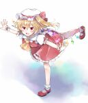  1girl ascot blonde_hair crystal_wings dress flandre_scarlet frilled_dress frills full_body hat hat_ribbon highres mary_janes open_mouth red_dress red_eyes red_ribbon ribbon shoes short_hair side_ponytail socks solo touhou white_mob_cap wrist_cuffs yellow_ascot yurara_(aroma42enola) 
