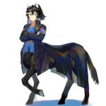  1girl aa9_(jaue7242) animal_ears black_coat black_hair blue_eyes blue_shirt centaur closed_mouth coat commentary crossed_arms ear_covers full_body hair_between_eyes hair_ornament highres horse_ears horse_tail katsuragi_ace_(umamusume) long_sleeves looking_to_the_side medium_hair monster_girl monsterification multicolored_hair multiple_legs open_clothes open_coat ponytail shirt sidelocks simple_background smile solo standing standing_on_three_legs streaked_hair tail tassel tassel_hair_ornament taur umamusume white_background white_hair 