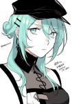  1girl aqua_eyes aqua_hair black_dress black_hat closed_mouth commentary_request dress earrings hair_bun hat highres jewelry looking_at_viewer nightingale_(path_to_nowhere) path_to_nowhere solo toho10min translation_request upper_body 