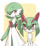  bags_under_eyes blush bob_cut colored_skin dress gardevoir green_hair hair_over_one_eye highres horns ino_(tellu0120) kirlia multicolored_skin parted_lips pink_eyes pokemon pokemon_(creature) sidelocks simple_background square two-tone_skin white_dress white_skin yellow_background 