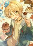  1boy black_choker blonde_hair blush box cake choker ensemble_stars! food fork from_side gift gift_box green_eyes green_jacket hand_up happy_birthday holding holding_cake holding_food holding_fork hood hoodie jacket kuzuvine looking_at_viewer looking_up male_focus medium_hair mont_blanc_(food) parted_lips shiratori_aira_(ensemble_stars!) shirt sitting smile solo squirrel swept_bangs tongue upper_body white_hoodie yellow_shirt 