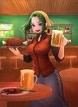  1girl bandana bar_(place) beer_mug boned_meat bottle commentary_request cup dorayaki1114 english_commentary food green_hair highres holding holding_cup indoors looking_at_viewer makino_(one_piece) meat mixed-language_commentary mug one_piece open_mouth orange_eyes short_hair smile solo table teeth 