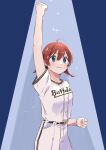  1girl absurdres ahoge arm_up baseball_uniform blue_eyes braid brown_hair clenched_hands commentary_request emma_verde freckles grin highres looking_afar love_live! love_live!_nijigasaki_high_school_idol_club nippon_professional_baseball orix_buffaloes shirt short_sleeves shorts smile solo sparkle sportswear stage_lights standing twin_braids upper_body white_shirt white_shorts yurine_(mmmiso_souppp) 