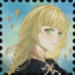  1girl bbb52486717 black_shirt blonde_hair blush character_name commentary crest family_crest fire_emblem fire_emblem:_three_houses garreg_mach_monastery_uniform gold_trim green_eyes hair_intakes hashtag-only_commentary high_collar highres ingrid_brandl_galatea long_hair looking_at_viewer parted_lips postage_stamp shirt simple_background solo sparkle upper_body 