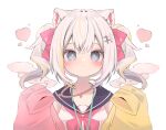  +_+ 1girl absurdres animal_ear_fluff animal_ears black_sailor_collar blonde_hair blue_eyes blush bow bowtie brm_1925 cat_ears cat_girl closed_mouth commission dot_nose hair_between_eyes hair_bow heart highres jacket looking_at_viewer multicolored_clothes multicolored_hair multicolored_jacket off_shoulder original pink_bow pink_bowtie pink_jacket sailor_collar shirt sidelocks simple_background skeb_commission sleeveless sleeveless_shirt smile solo straight-on streaked_hair twintails two-tone_jacket upper_body white_background white_hair white_shirt yellow_jacket 