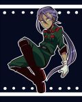  1boy black_eyes brown_footwear closed_mouth full_body gloves green_jacket green_pants hair_between_eyes inazuma_eleven inazuma_eleven_(series) jacket kotorai long_hair looking_at_viewer male_focus pants pocket ponytail purple_hair sandai_mishima solo white_gloves 