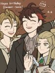  1girl 2boys amber_(fire_emblem) blonde_hair character_name closed_eyes dated diamant_(fire_emblem) fire_emblem happy_birthday high_ponytail highres holding holding_quill jade_(fire_emblem) lirara_0 multiple_boys quill redhead sidelocks yellow_eyes 