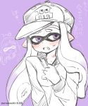  baseball_cap bite_mark blush ear_blush eromame flustered hand_on_own_chest hat inkling inkling_girl inkling_player_character long_hair long_sleeves purple_background splatoon_(series) sweat tentacle_hair violet_eyes 