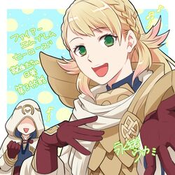  1boy 1girl armor blonde_hair braid commentary_request crown_braid feather_trim fire_emblem fire_emblem_heroes green_eyes hood hood_up hooded_robe kiran_(fire_emblem) kiran_(male)_(fire_emblem) long_hair looking_at_viewer nagao_uka open_mouth robe scale_armor sharena_(fire_emblem) smile translation_request 