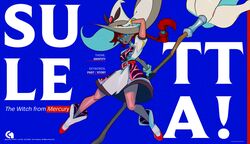  absurdres belt blue_background blue_eyes breasts broom character_name copyright_name cosplay dark-skinned_female dark_skin dress gloves gundam gundam_calibarn gundam_calibarn_(cosplay) gundam_suisei_no_majo hat highres holding holding_broom holding_clothes holding_hat long_hair looking_at_viewer low_ponytail medium_breasts nique redhead suletta_mercury white_dress white_footwear white_gloves white_hat witch_hat 