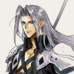  1boy armor black_coat chest_strap coat commentary expressionless final_fantasy final_fantasy_vii green_eyes grey_background grey_hair high_collar highres holding holding_sword holding_weapon katana long_bangs long_hair looking_at_viewer male_focus masamune_(ff7) moyanwxy parted_bangs pauldrons sephiroth shoulder_armor slit_pupils solo sword upper_body weapon 