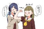  &gt;_&lt; 2girls =_= absurdres arm_at_side blue_hair blue_ribbon blush braid brown_cardigan brown_dress brown_hair cardigan center-flap_bangs clenched_hand clenched_teeth closed_eyes collarbone dark_blue_hair dress flexing hair_ribbon hands_on_another&#039;s_arm hashtag-only_commentary hasu_no_sora_school_uniform highres kachimachi_kosuzu kanzaki_gou link!_like!_love_live! long_hair long_sleeves love_live! low_twintails mole mole_on_neck multiple_girls murano_sayaka neckerchief nose_blush open_cardigan open_clothes open_mouth red_neckerchief ribbon sailor_collar sailor_dress school_uniform side_ahoge side_braids simple_background sleeve_rolled_up smile speech_bubble teeth translation_request twintails upper_body v-shaped_eyebrows virtual_youtuber white_background white_sailor_collar winter_uniform yellow_neckerchief 