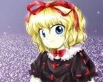  1girl blonde_hair blue_eyes blush_stickers bow bow_choker choker closed_mouth hair_between_eyes hair_ribbon medicine_melancholy medinki official_style puffy_short_sleeves puffy_sleeves red_bow red_choker red_ribbon ribbon short_hair short_sleeves smile solo touhou upper_body zun_(style) 